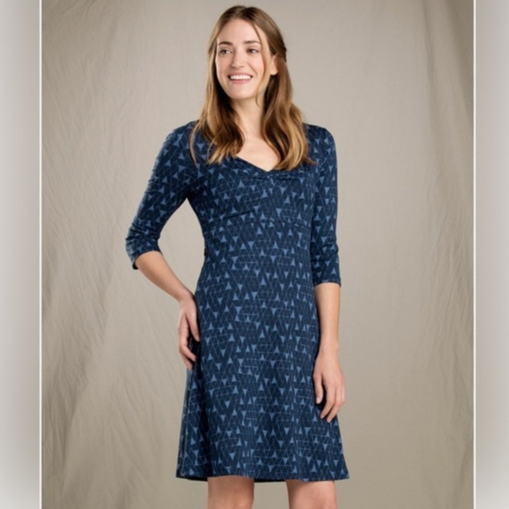 Toad&Co Rosalinda Dress Small Blue Geometric 3/4 Sleeve Organic Cotton Tencel